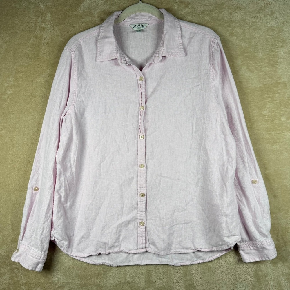 Orvis Classic Collection Pink Linen Blend Roll‎ Tab Button Down Shirt L Preppy